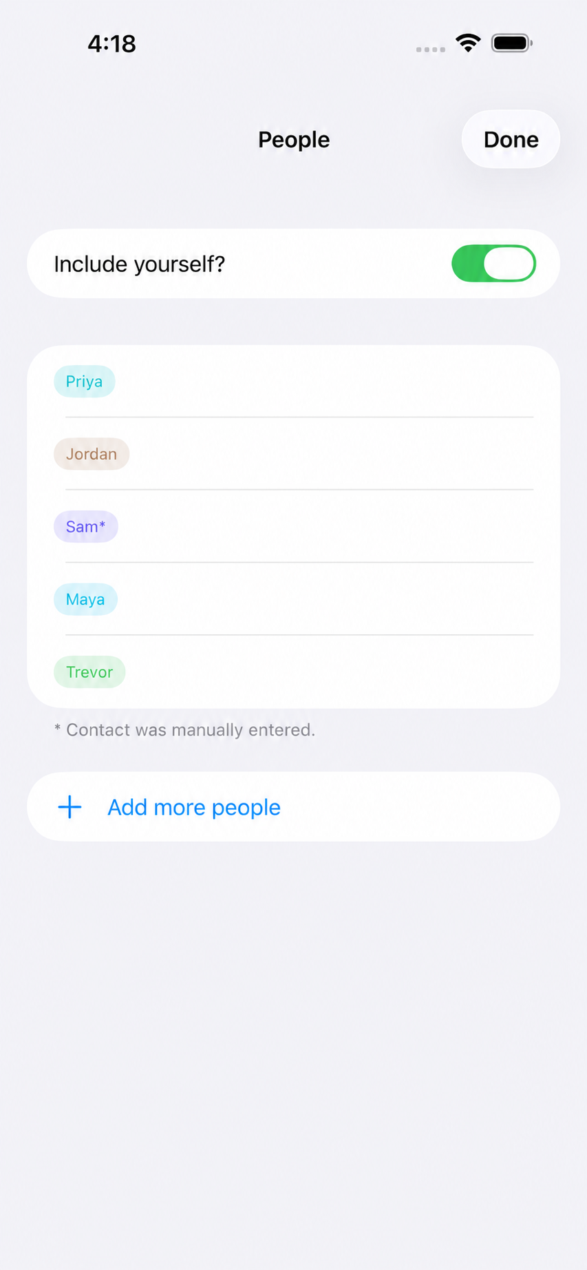 People screen of Quick Split